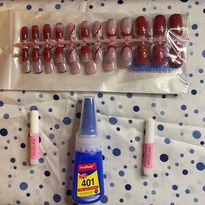 Red and Pink False Nail Set with Glue Bundle